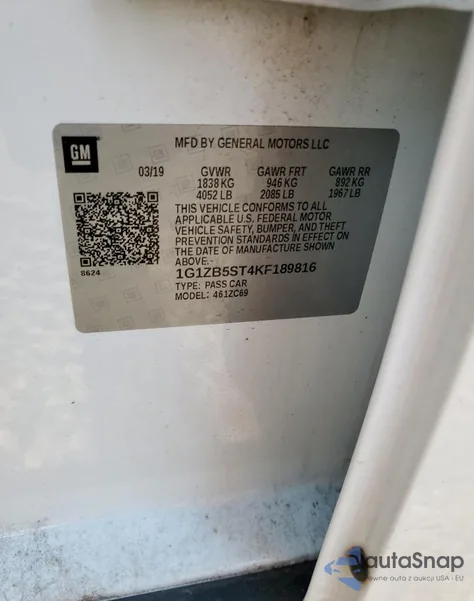 2019 Chevrolet Malibu Ls z USA, uszkodzony, nr VIN 1G1ZB5ST4KF189816